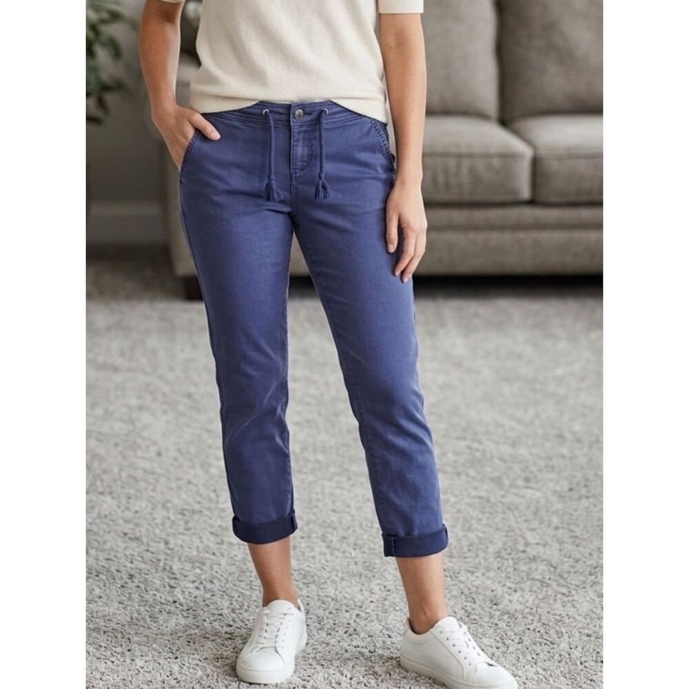 The Limited Blue Drawstring Capri Pants Mid Rise Stretch Rolled Hem Chino Size 4